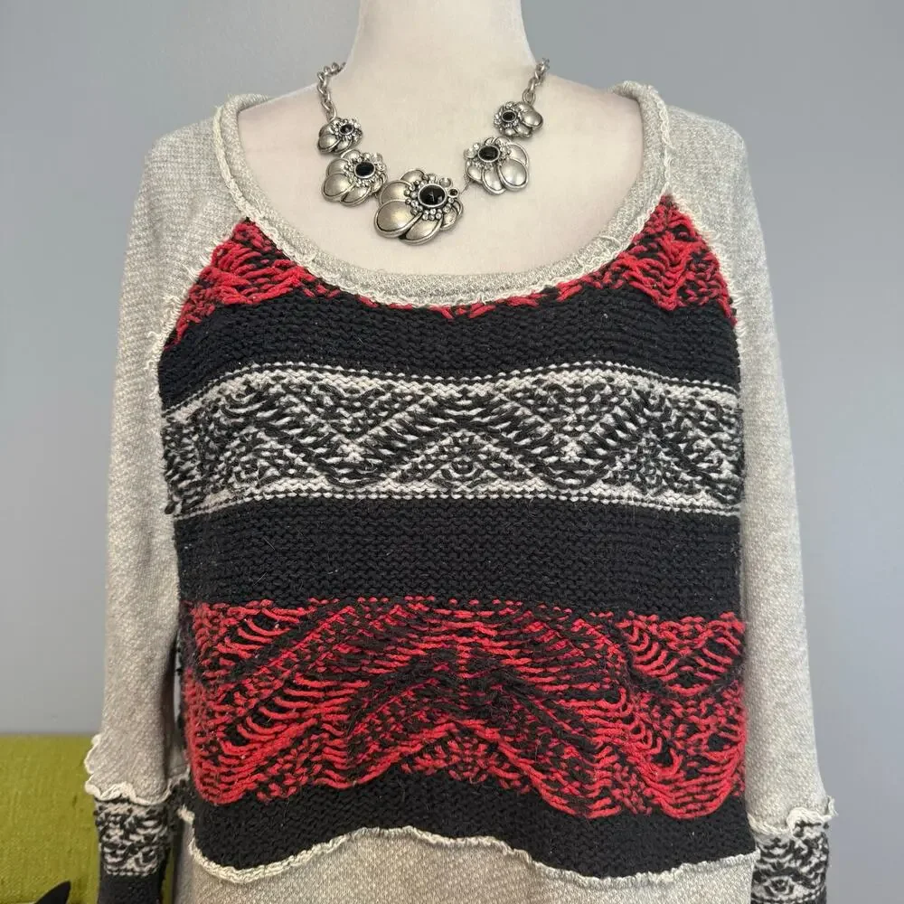 Free People Nordic Cotton Knit Pullover Sweater Red Gray Black